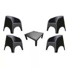 Sillones Simil Ratan Alejo Jardín + Mesa Ratona 70x70 Pack 4 Estructura Negro