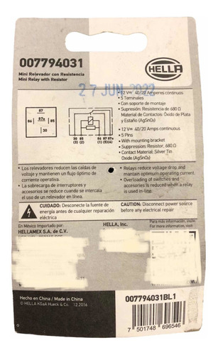 Mini Relay C Resistencia Hella 12v 40/10a 5 Pins Terminales Foto 4