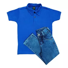 Calça Jeans Infantil + Camisa Polo Meninos 10 Ao 16 Atacado