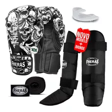 Kit Muay Thai Luva Bandagem Caneleira Bucal Caveira 12oz