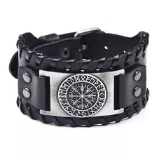 Pulsera Cuero Negro Vikingo Vegvisir Hombre Mujer Top Moda