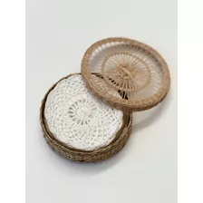 Set X 12 Posavasos Tejido Crochet -caja Bambú Redonda Grande