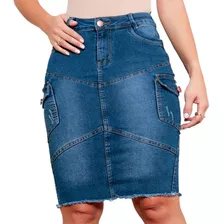 Saia Jeans Modesta Cargo Elegante E Confortável C/ Lycra