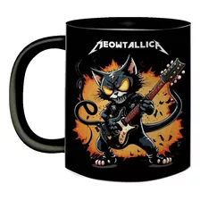 Caneca De Porcelana Preta Rock Gato Tocando Metal Metallica