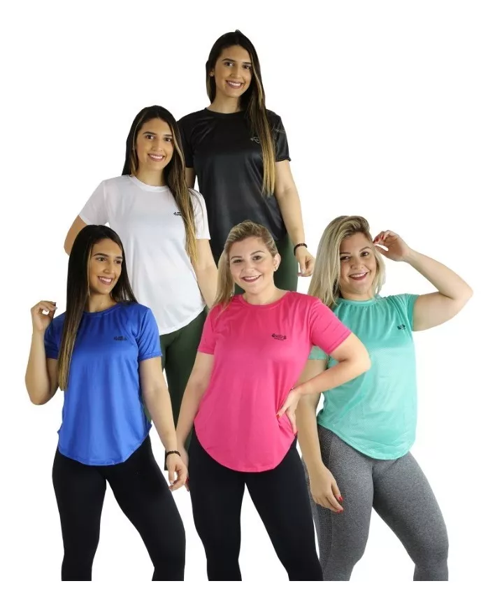 Kit 5 Blusas Fitness Dry Fit Poliéster Academia Feminina