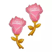 2 Globos Flor Rosa Con Tallo Dorado 
