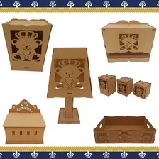 Kit Higiene Bebe Desmontado Quarto Urso Rei 8 Peças Mdf Cru