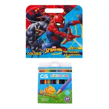 Kit Livro Colorir Spider-man Adesivos Tilibra+lápis De Cor 24 Cores Cis