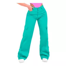 Calça Jeans Sarja Wide Leg Cargo Bolso Lateral Pantalona