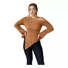 Blusa Feminina Tricot Canelado Assimetrica Bico Manga Longa