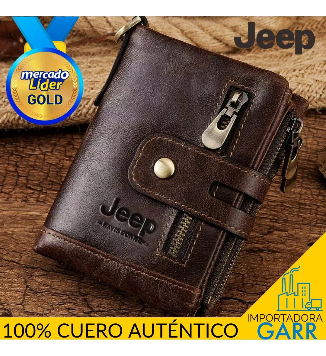 Billetera Para Hombre Jeep Con 3 Monederos 100% Cuero +rfid 