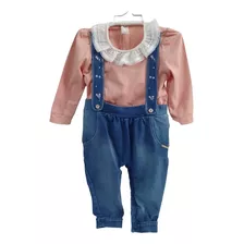 Macacão Finta Suspensório Jeans Bebê Menina Paraiso Rf 12982