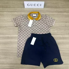 Kit Conjunto Gucci Camisa Polo Piquet Bermuda Tectel Bordada