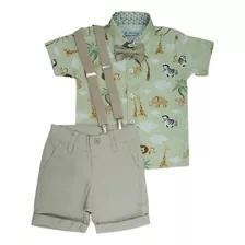 Safari Roupa Festa Menino Bermuda E Suspensório, Camisa Social Temática Infantil Safári