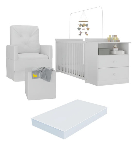 Berço Cômoda Com Colchão, Poltrona De Amamentação E Puff Meu Bebê Multimóveis Mp4108 Branco