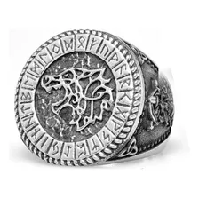 Anel Amuleto Odin Lobo Runas Triquetra Mitologia Viking Aço