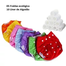 Kit 5 Fraldas Ecológicas 10 Absorventes Algodão Reutilizável