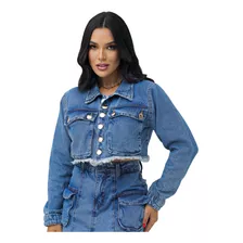 Jaqueta Jeans Feminina Curta Bolso Grande Cargo Frente Sofy@