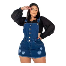 Macaquinho Short Saia Jeans Plus Size Rasgado Com Botões