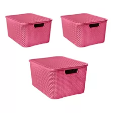 Kit C/ 3 Caixas Organizadoras Cesto Rattan 7l Rosa C/ Tampa