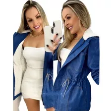 Casaco Parka Jeans Forrada Peluciada Com Capuz E Ziper