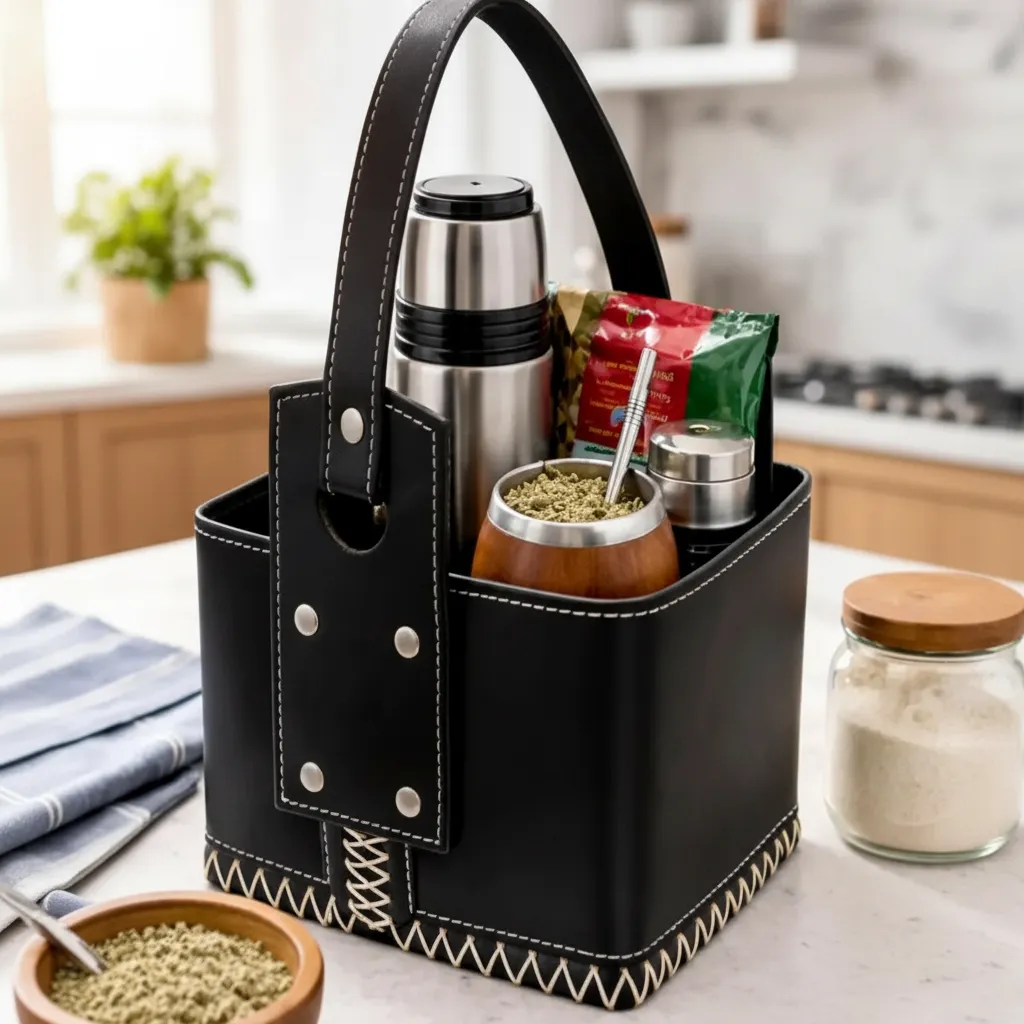 Matera Porta Termo Canasta Eco Cuero Premium Equipo Mate Negro