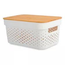 Canasto Organizador Caja Tapa Madera Bambu Perforado 4.5lt