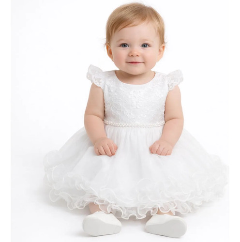 Vestido Batizado Bebê Roupa Batismo Branco Recem Nascido Branco Renda M