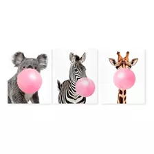 Quadro Decorativo Zebra Girafa E Coala Mascando Chiclete