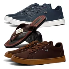 Kit 2 Pares Tênis Masculino + Chinelo Casual Promoçao Barato