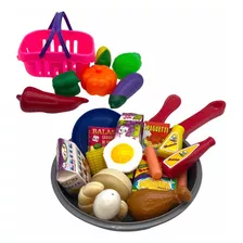 Kit Frigideira + Cesta Comida De Brinquedo Frutas Infantil 