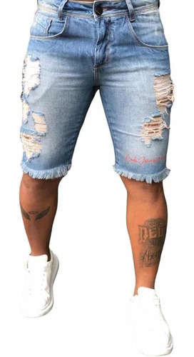 Bermuda Jeans Skinny Masculina Destroyed C/ Detalhe Da Marca