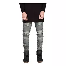 Calças De Ganga Biker Hombres Moda Slim Con Arrugado Diseño