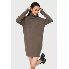 Sweater Vestido Acanalado Cuello Alto Taupe Nicopoly