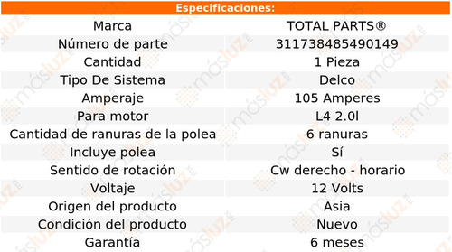 Alternador Sist. Delco 105 Amps 6 Ran Reno L4 2.0l 05/08 Foto 2