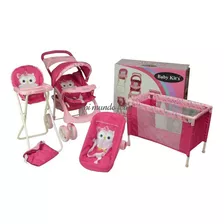 Coche Bebe Muñecas Silla De Comer Portabebe Maleta Corral Color Rosa Color Del Chasis Rosado