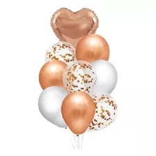 Set 9 Globos Gold Rose Corazon Latex Confetti Apto Helio