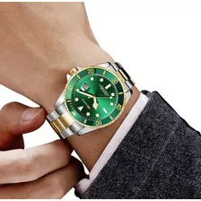 Relógio De Luxo Masculino Quartzo Verde Dourado Lançamento 