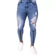 Calça Jeans Skinny Destroyed Masculina Com Zíper Panturrilha
