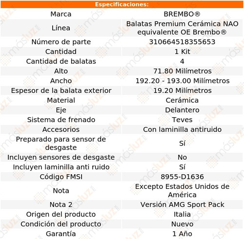 Balatas Ceramicas Del Mercedes-benz Gle400 16/19 Brembo Foto 3