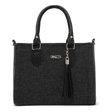 Bolsa Feminina De Mão Com Texturas E Alça Transversal Cor Preto Desenho Do Tecido Liso