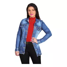 Jaqueta Jeans Alongada Acinturada Maxi Sobretudo Parka Lycra