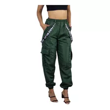 Calça Cargo Jogger Feminina Tactel Fita Suspensório 4 Bolsos