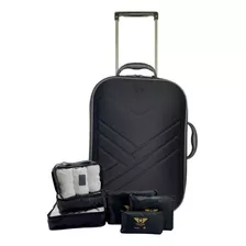 Mala Viagem De Bordo Pequena 55x35x25cm + Kit Organizadores Cor Preto