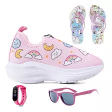 Tenis Infantil Calce Facil Meninas + Chinelo Oculos Relogio