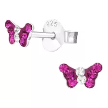 Aros Plata 925 Par Animales Mariposa Circones Fucsia Niña