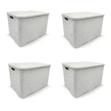 4 Caixas Plástica Organizadora Rattan C/ Tampa 15lts Cores Cor Branco