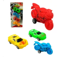 Carrinho Miniaturas Carros + 2 Motos Brinquedo Friccao Cor