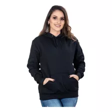 Blusa De Frio Moletom Feminino Liso Com Capuz E Bolso Preto