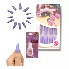 Kit Uñas Postizas Press On Coffin Con Glitter + Adhesivo 